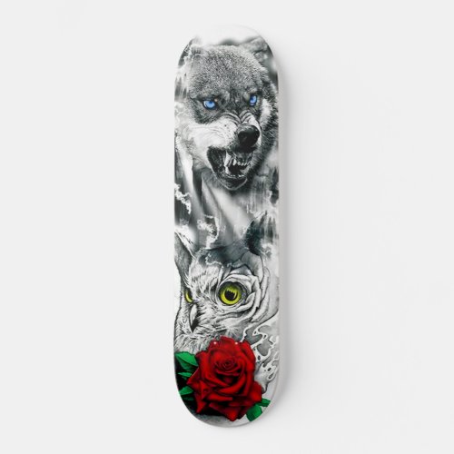 Colorful Wolf Owl Rose Nature Deck Skateboard