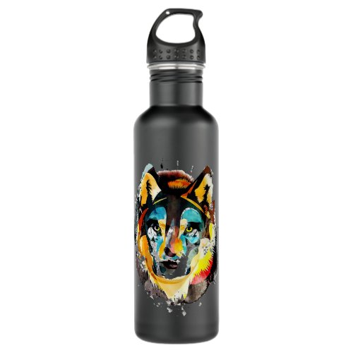 Colorful Wolf Paint 3Retro Paint Wolf Face Shirt Stainless Steel Water Bottle