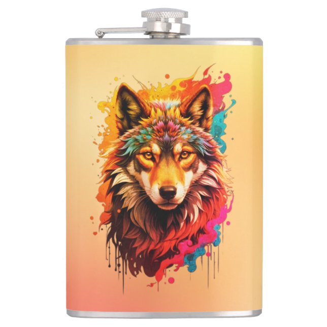 Colorful Wolf Portrait Abstract Animal Art-87694 Flask (Front)