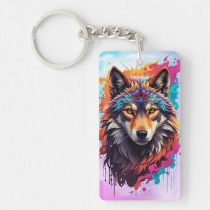 Colorful Wolf Portrait Abstract Animal Art-87694 Keychain