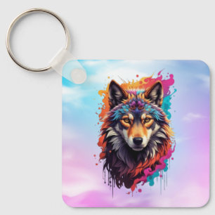 Colorful Wolf Portrait Abstract Animal Art-87694 Keychain