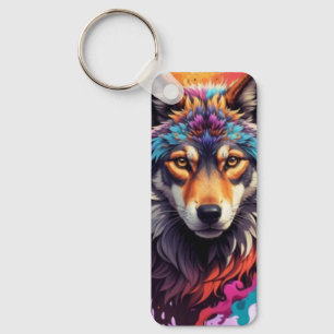 Colorful Wolf Portrait Abstract Animal Art-87694 Keychain