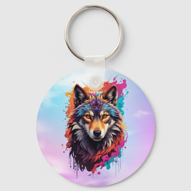 Colorful Wolf Portrait Abstract Animal Art-87694 Keychain (Front)