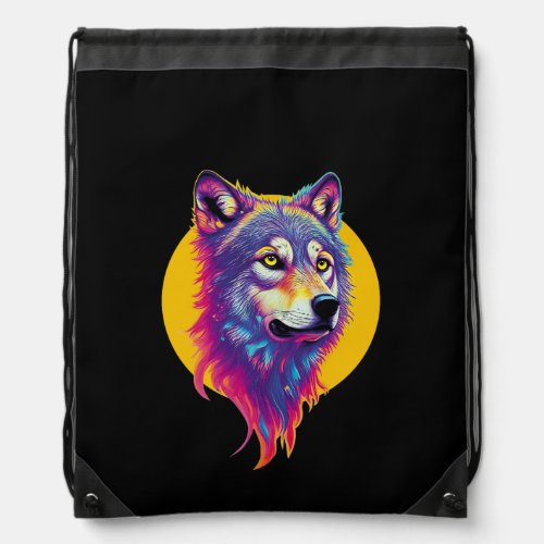 Colorful Wolf portrait Drawstring Bag