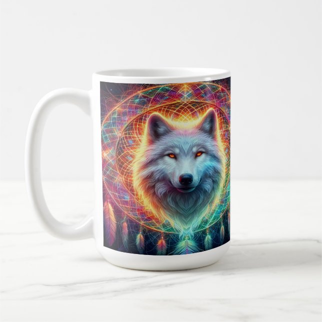 Colorful Wolf Portrait with Dreamcatcher Coffee Mug (Left)