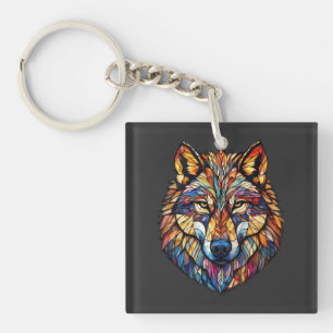 Colorful Wolf Silhouette in Mosaic Stained Glass Keychain