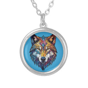 Colorful Wolf Silhouette in Mosaic Stained Glass Silver Plated Necklace