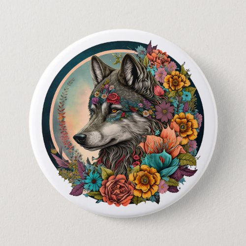 Colorful Wolf With Flowers Button