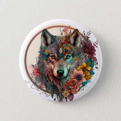 Colorful Wolf With Flowers Button