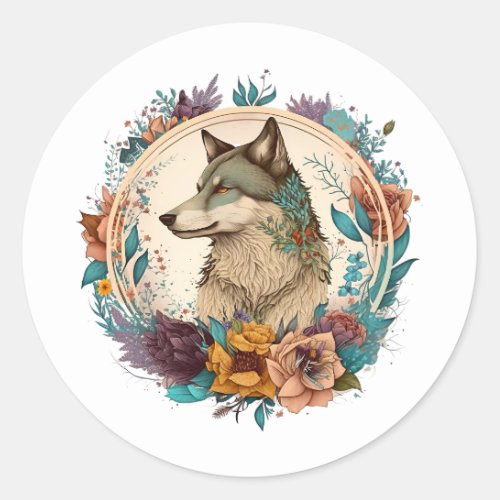 Colorful Wolf With Flowers Classic Round Sticker