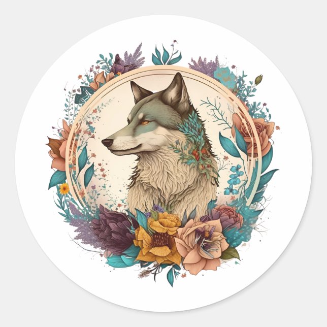Colorful Wolf With Flowers Classic Round Sticker (Front)