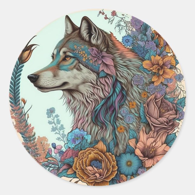 Colorful Wolf With Flowers Classic Round Sticker (Front)