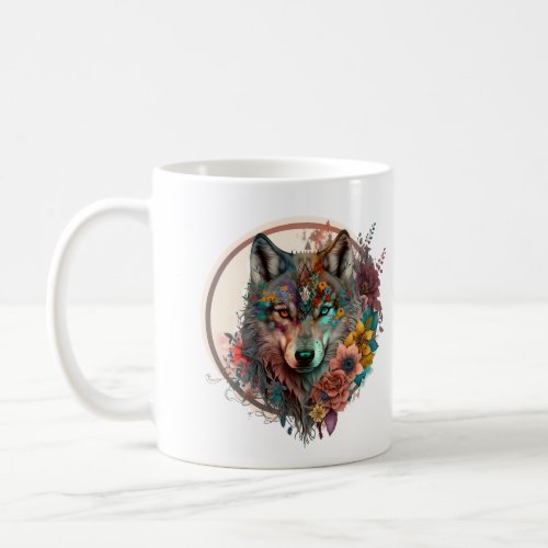 Colorful Wolf With Flowers Coffee Mug