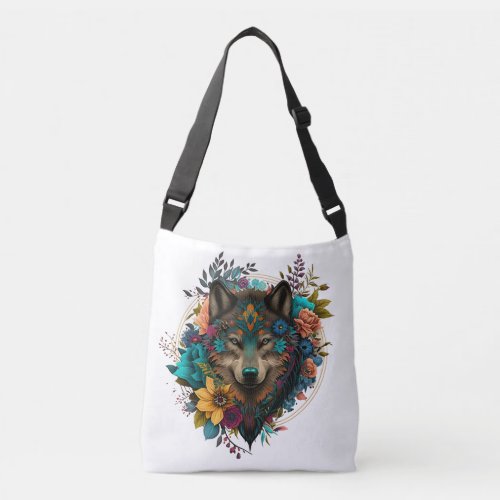 Colorful Wolf With Flowers Crossbody Bag