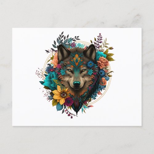 Colorful Wolf With Flowers Holiday Postcard