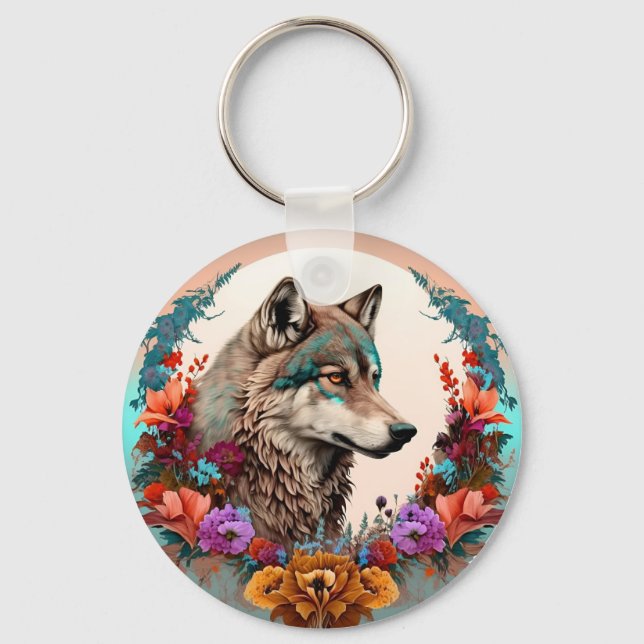 Colorful Wolf With Flowers Keychain (Front)