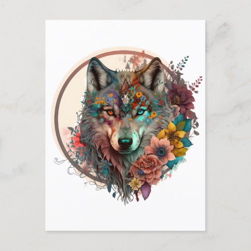 Colorful Wolf With Flowers Postcard