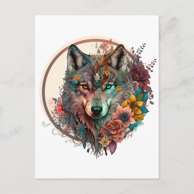 Colorful Wolf With Flowers Postcard (Front)