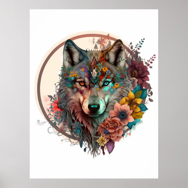 Colorful Wolf With Flowers Poster (Front)