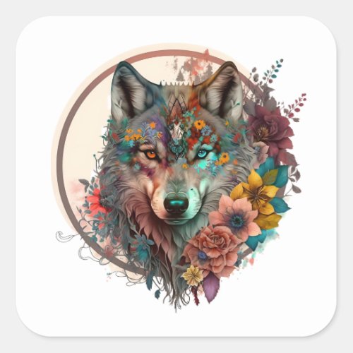 Colorful Wolf With Flowers Square Sticker