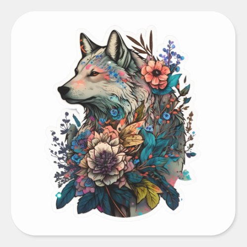 Colorful Wolf With Flowers Square Sticker