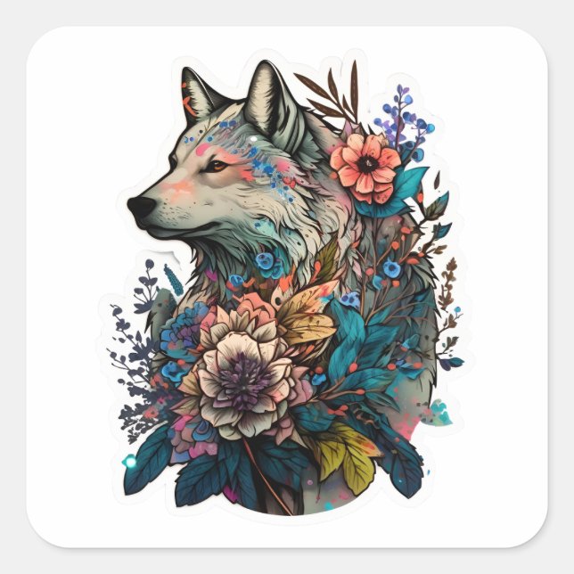 Colorful Wolf With Flowers Square Sticker (Front)