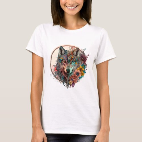 Colorful Wolf With Flowers T_Shirt