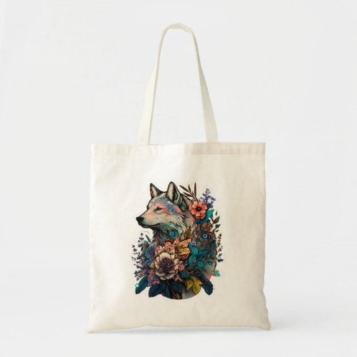 Colorful Wolf With Flowers Tote Bag