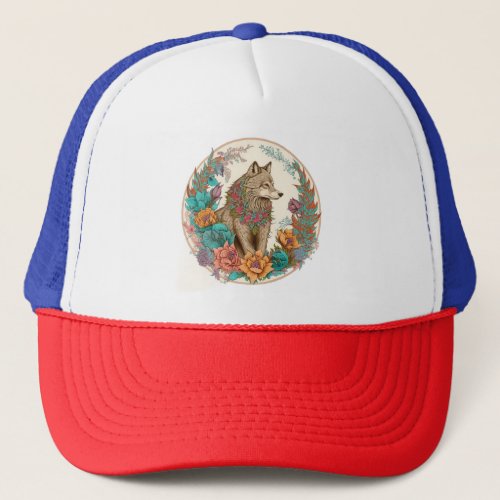 Colorful Wolf With Flowers Trucker Hat