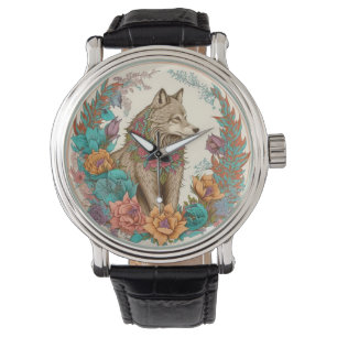 Colorful Wolf With Flowers Watch