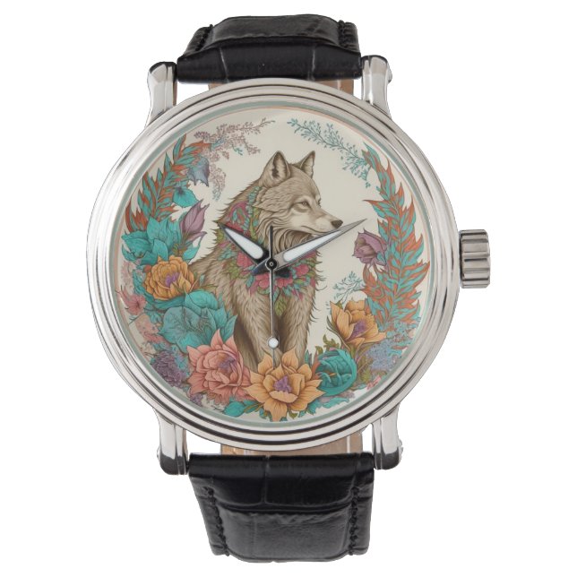 Colorful Wolf With Flowers Watch (Front)