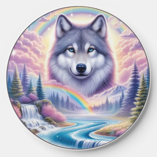 Colorful Wolf with Waterfall River and Rainbow Wireless Charger