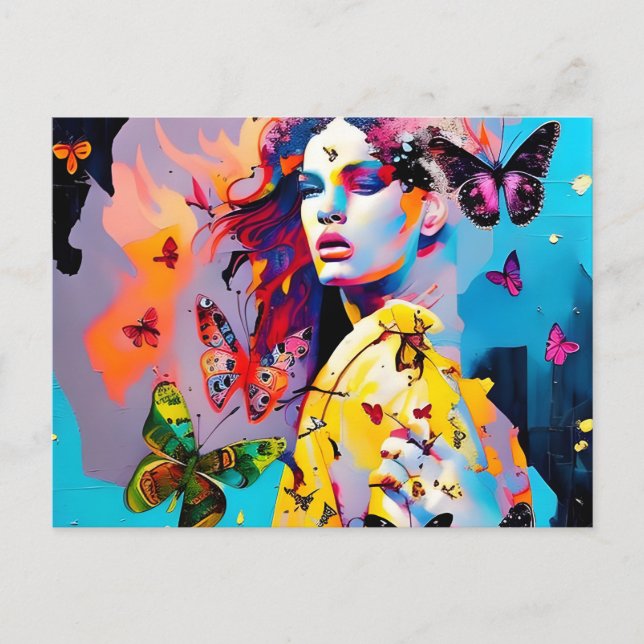 Colorful Woman and Butterflies Postcard (Front)