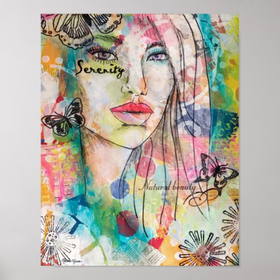 Colorful Woman Butterflies Mixed Media Art Collage Poster