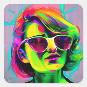 Colorful Woman in Sunglasses Modern Art Square Sticker