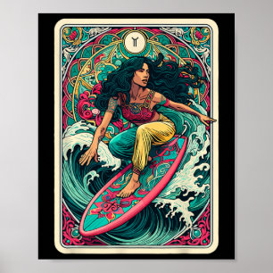 Colorful Woman Wave Surfer Tarot Card Artistic Sea Poster