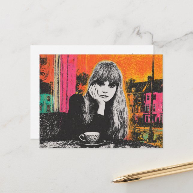 Colorful Woman With Coffee Postcard (Front/Back In Situ)