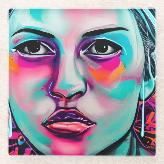 Colorful Women's Face  AI Generated Lady's Face Glass Coaster (Front)