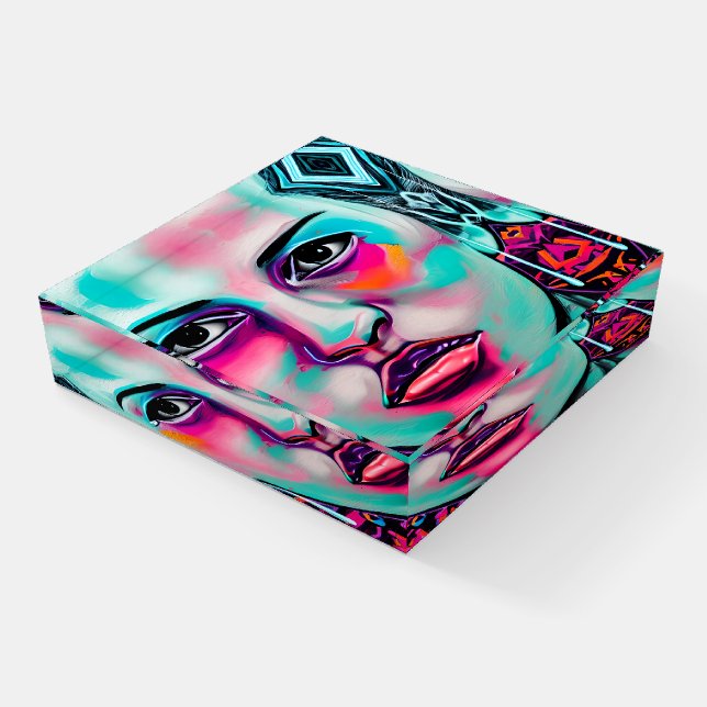 Colorful Women's Face  AI Generated Lady's Face Paperweight (Angled)