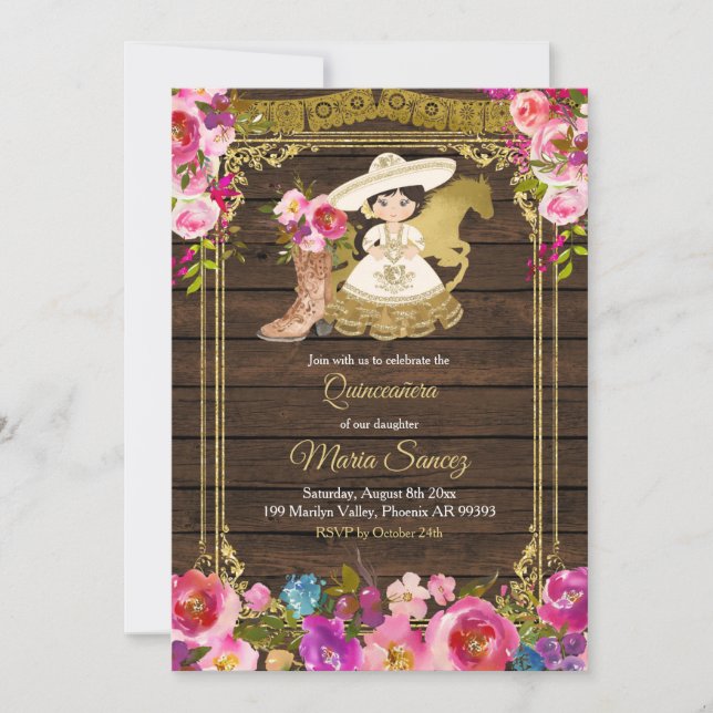 Colorful Wood Charra Mis Quince Party Invitation (Front)
