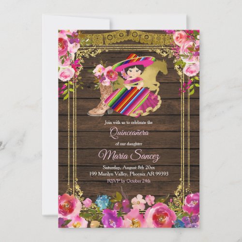 Colorful Wood Charro Floral Pink Quinceaera Invitation