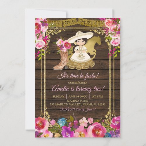 Colorful Wood Charro Mexican Girl is Turning Tres  Invitation