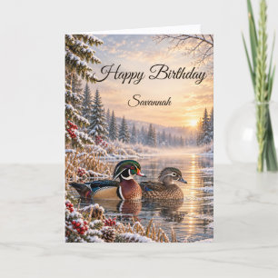 Colorful Wood Duck Pair Winter Pond Birthday Card