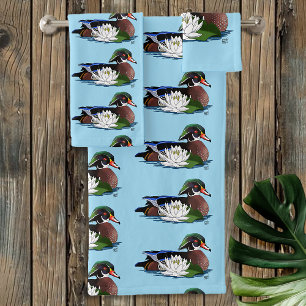 Colorful Wood Duck Water Lily Wildlife Blue Bath Towel Set