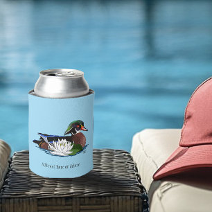 Colorful Wood Duck Water Lily Wildlife Blue Can Cooler