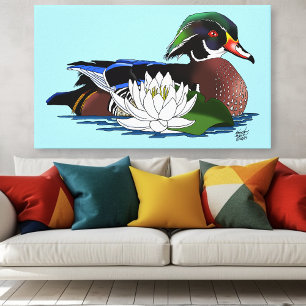 Colorful Wood Duck Water Lily Wildlife Blue Canvas Print