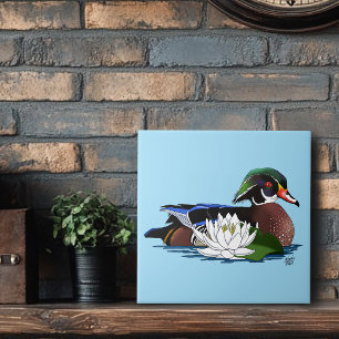 Colorful Wood Duck Water Lily Wildlife Blue Ceramic Tile