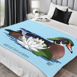 Colorful Wood Duck Water Lily Wildlife Blue Fleece Blanket