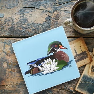 Colorful Wood Duck Water Lily Wildlife Blue Glass Coaster