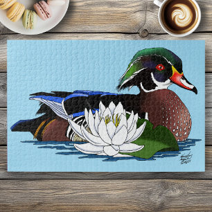 Colorful Wood Duck Water Lily Wildlife Blue Jigsaw Puzzle